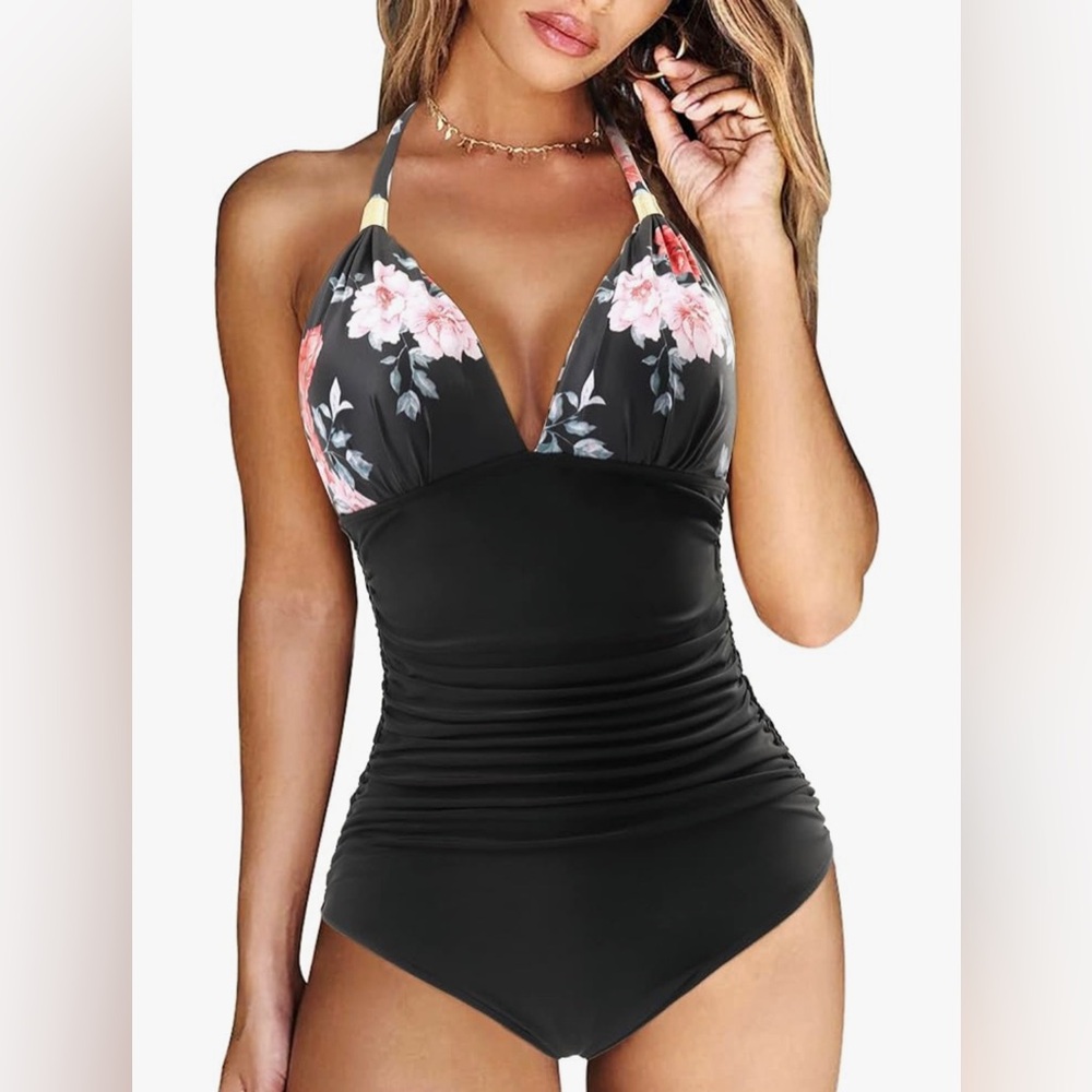New Black/Floral Halter One Piece Swimsuits Tummy Control Ruched Swimwear
